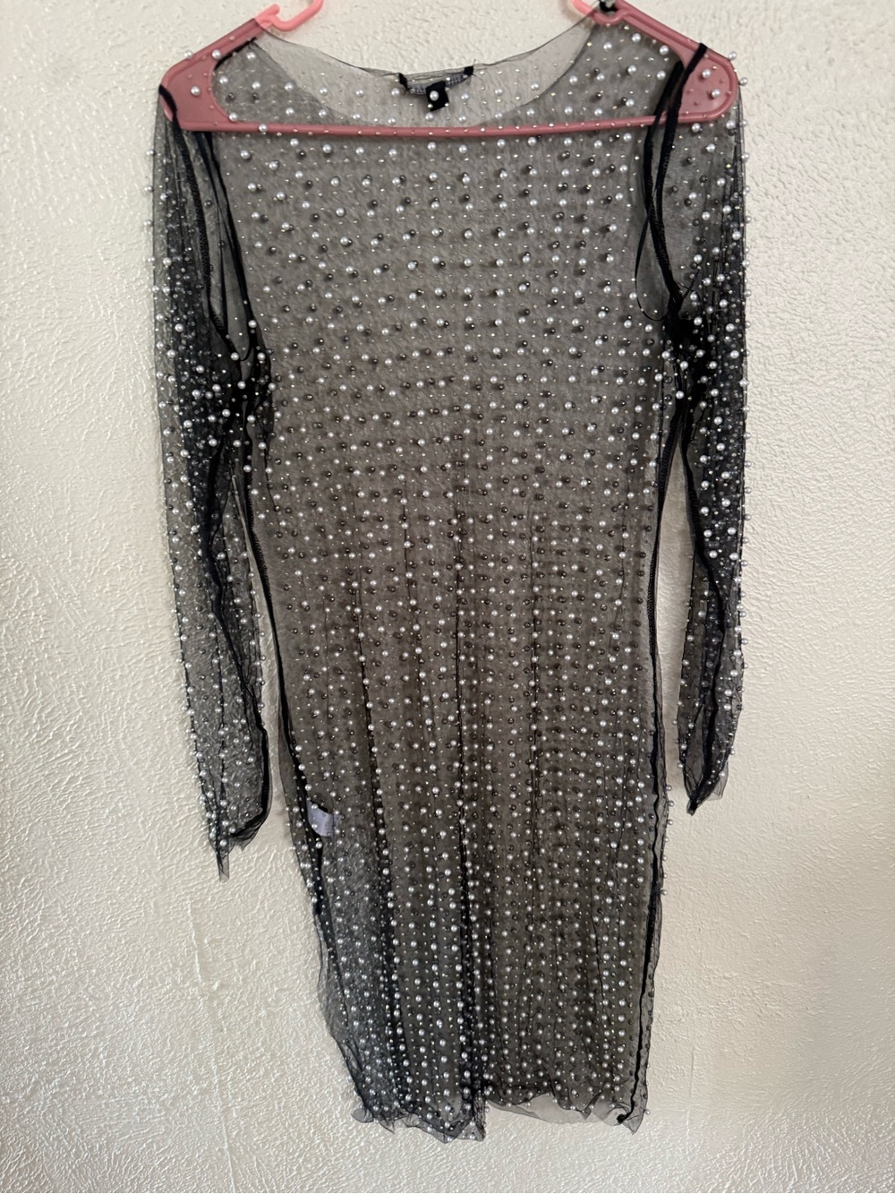 Aqua Black Sheer Pearl-Embellished Long Sleeve Dress